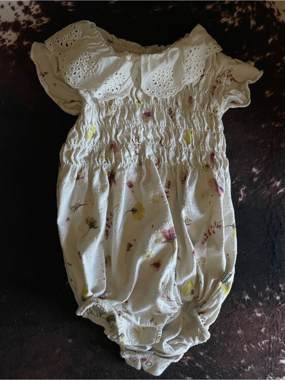 Cream Floral Baby Romper with Eyelet Collar